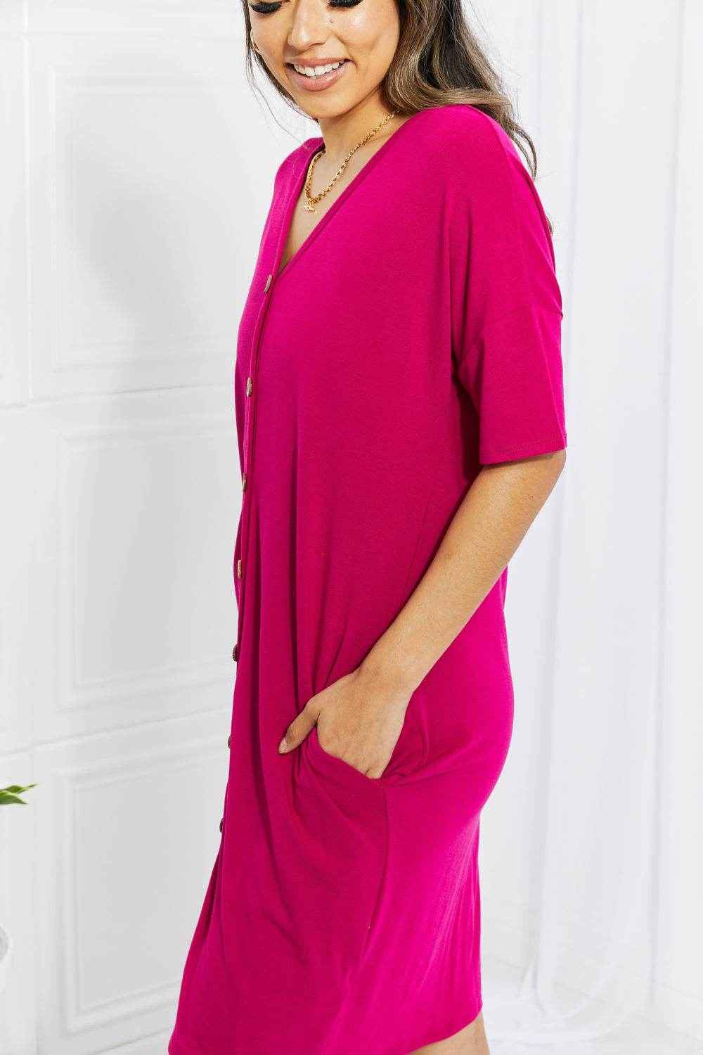 BOMBOM Sunday Brunch Button Down Knee-Length Dress in Magenta - Purcell's Clothing Company