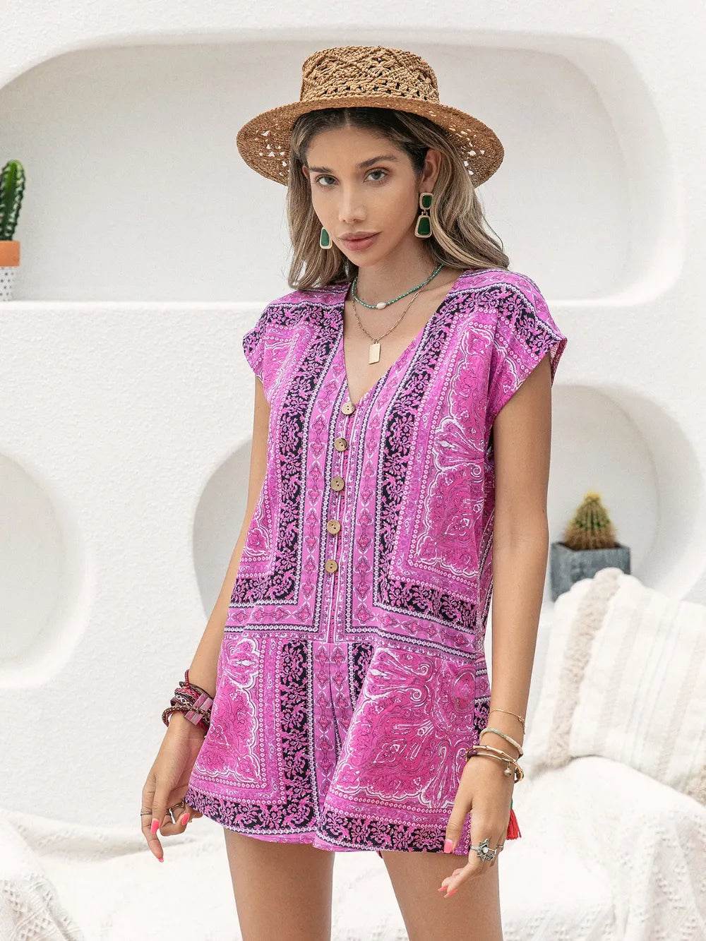 Printed V-Neck Cap Sleeve Romper - Purcell's Clothing Company