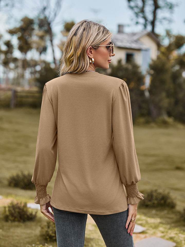 Notched Neck Flounce Sleeve Blouse - Purcell's Clothing Company