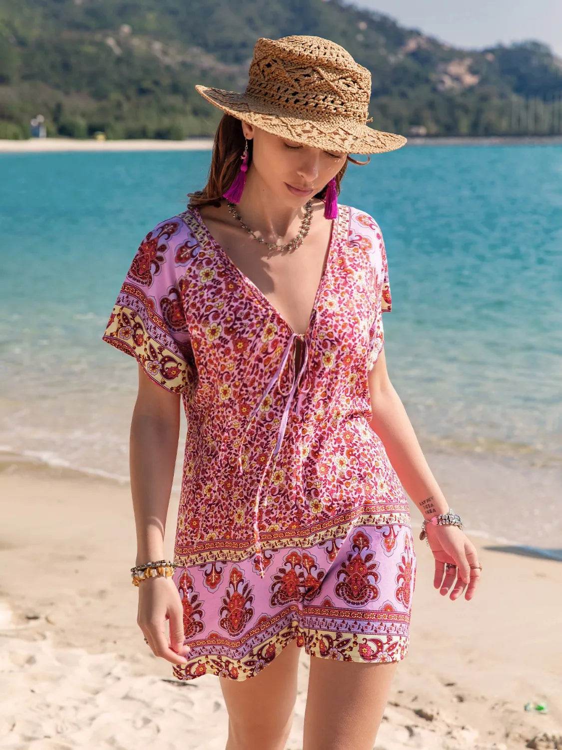 Printed V-Neck Short Sleeve Romper - Purcell's Clothing Company
