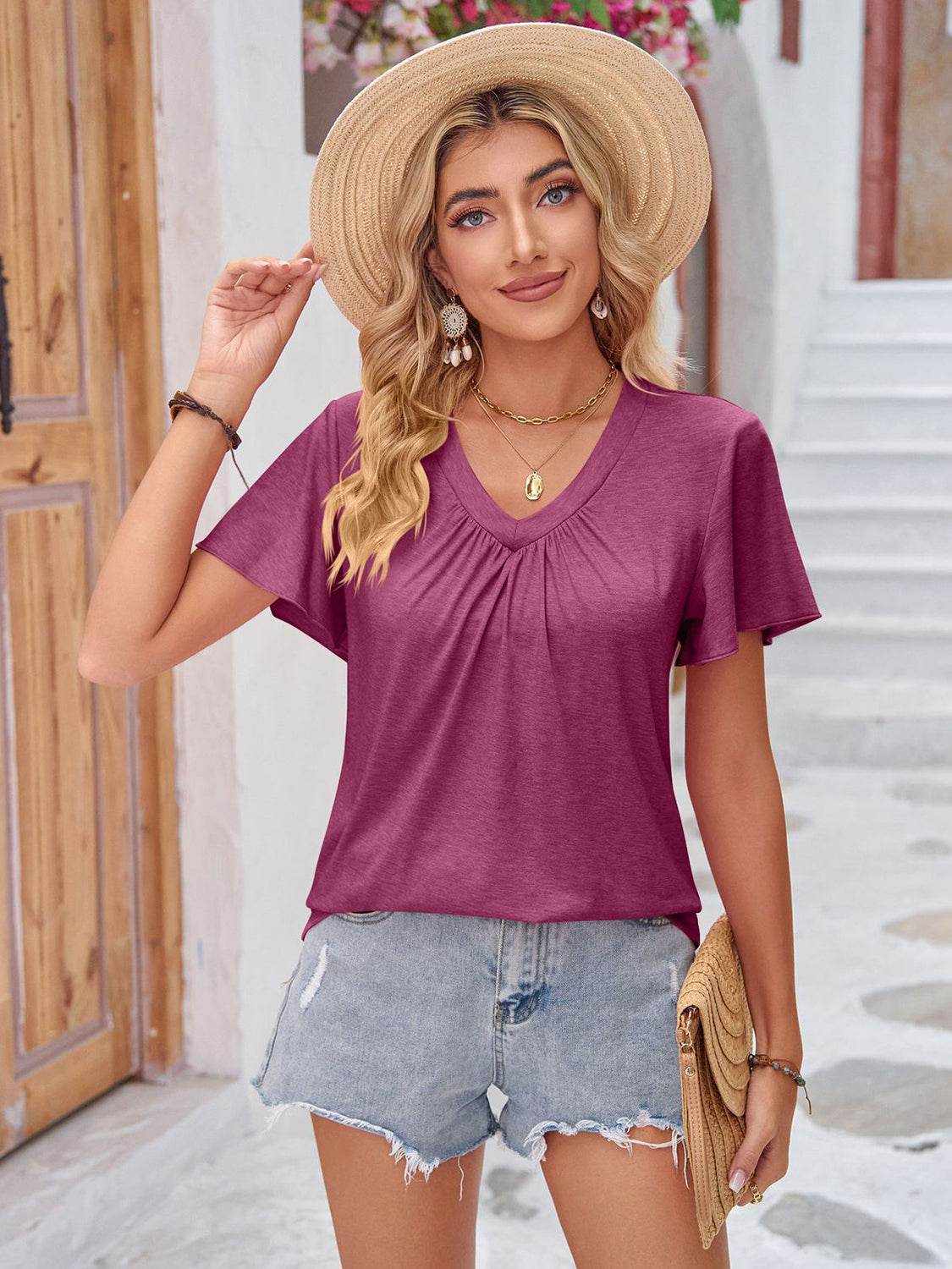 Double Take Ruched V-Neck Short Sleeve T-Shirt - Purcell's Clothing Company