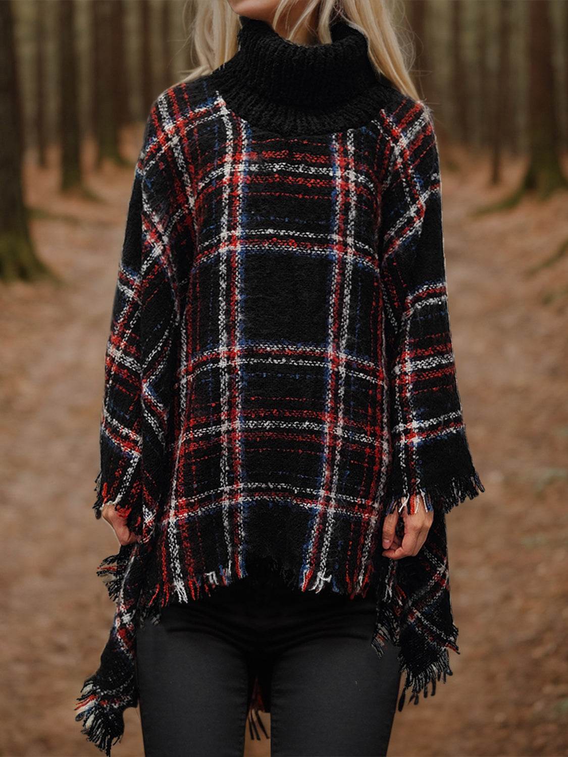 Shiny Turtleneck Plaid Raw Hem Sweater - Purcell's Clothing Company