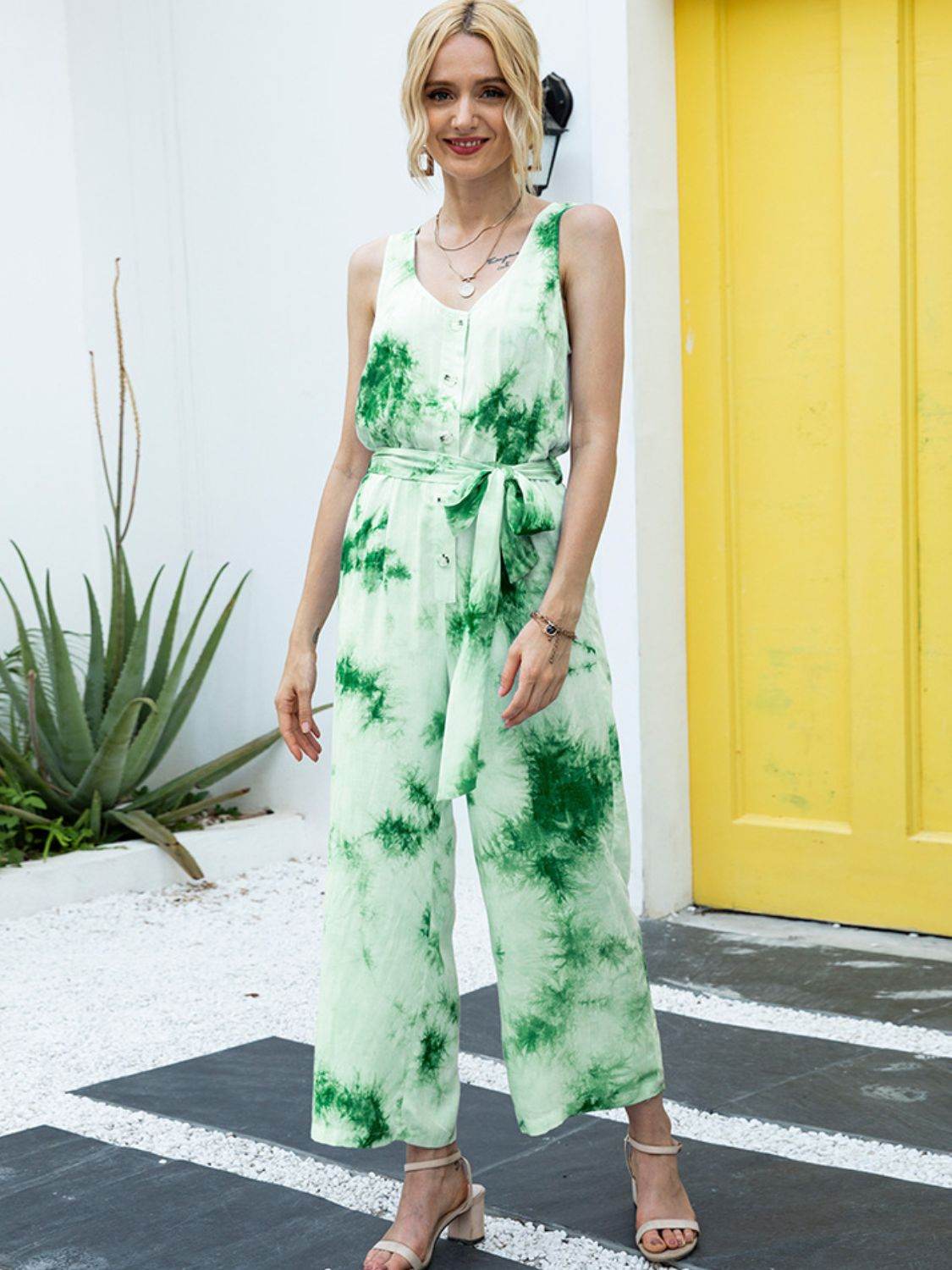 Ivy Lane Tie-Dye Tie Waist Sleeveless Jumpsuit - Purcell's Clothing Company