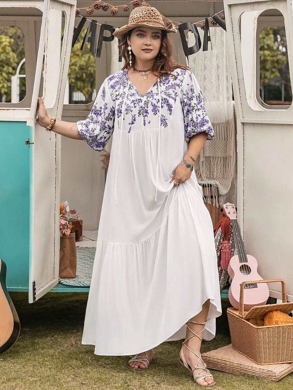 Plus Size Printed Tie Neck Half Sleeve Maxi Dress - Purcell's Clothing Company