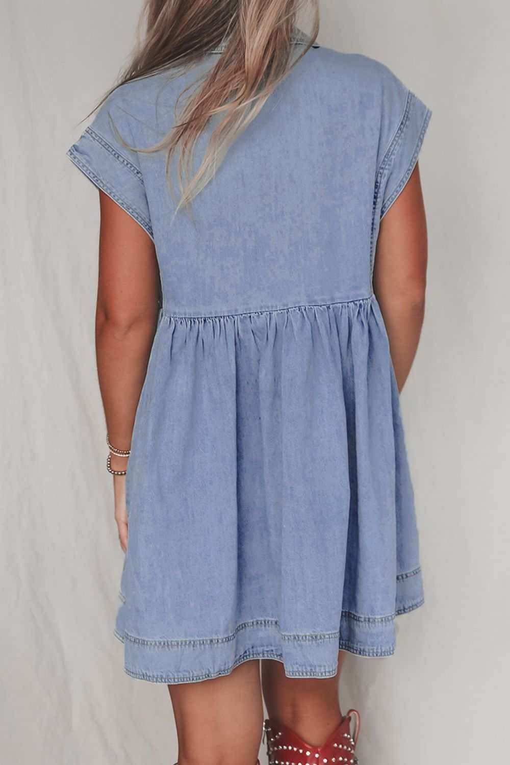 Lapel Neck Cap Sleeve Denim Babydoll Dress - Purcell's Clothing Company
