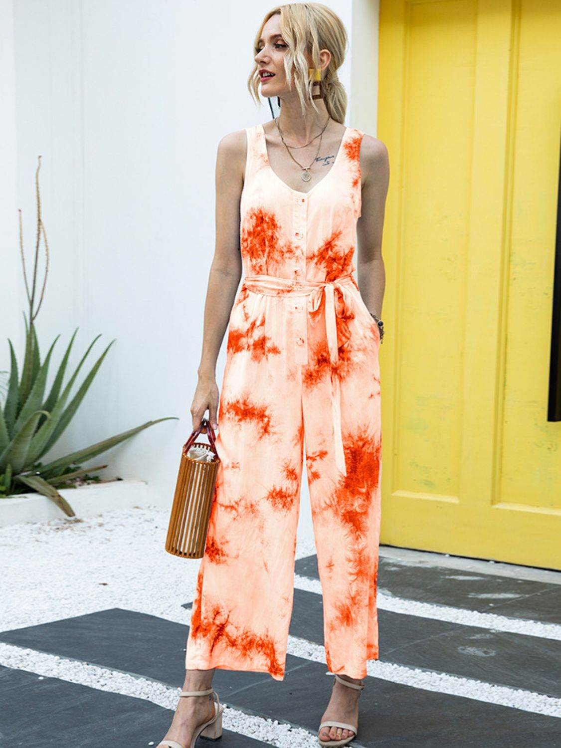Ivy Lane Tie-Dye Tie Waist Sleeveless Jumpsuit - Purcell's Clothing Company