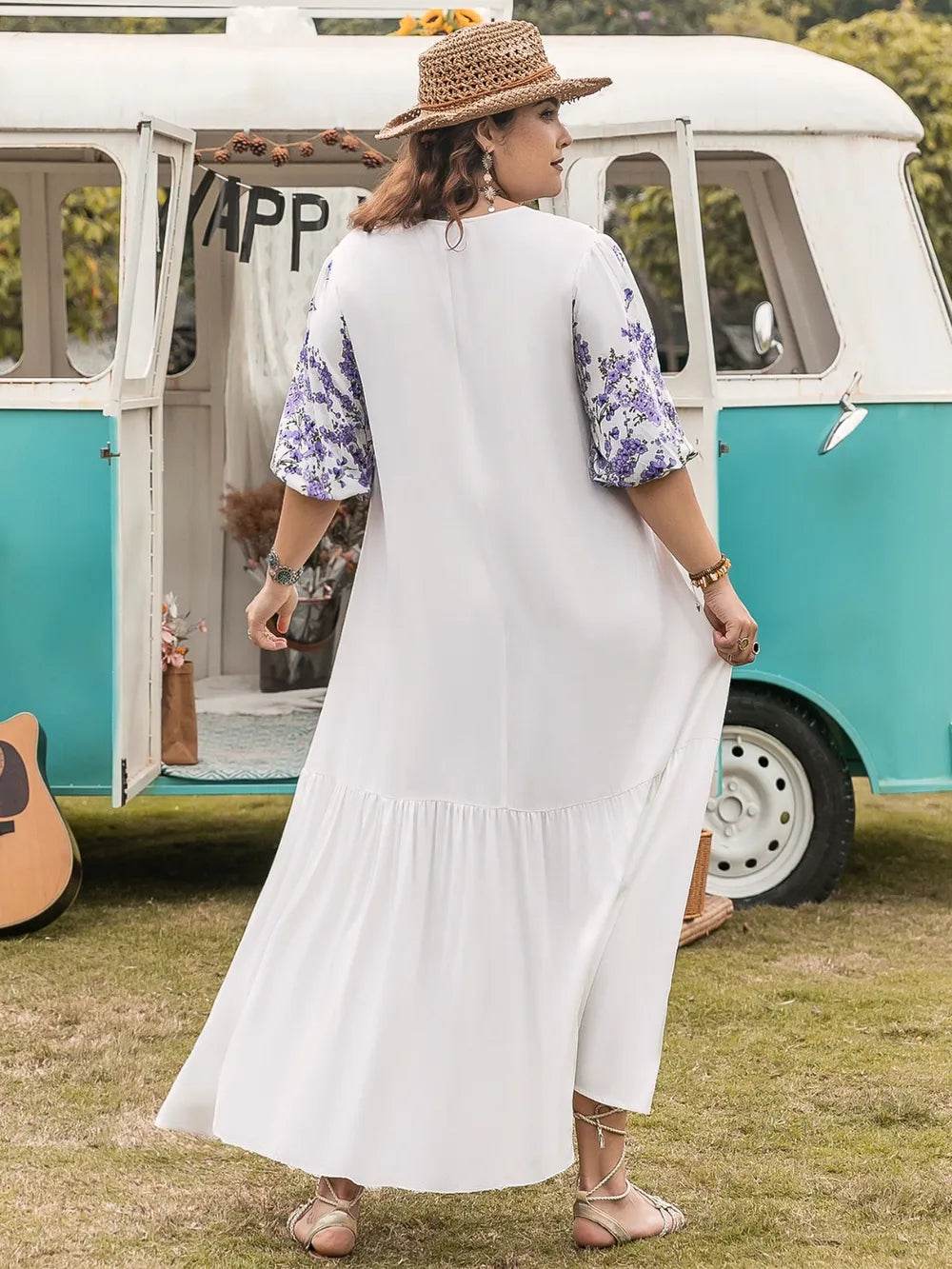 Plus Size Printed Tie Neck Half Sleeve Maxi Dress - Purcell's Clothing Company