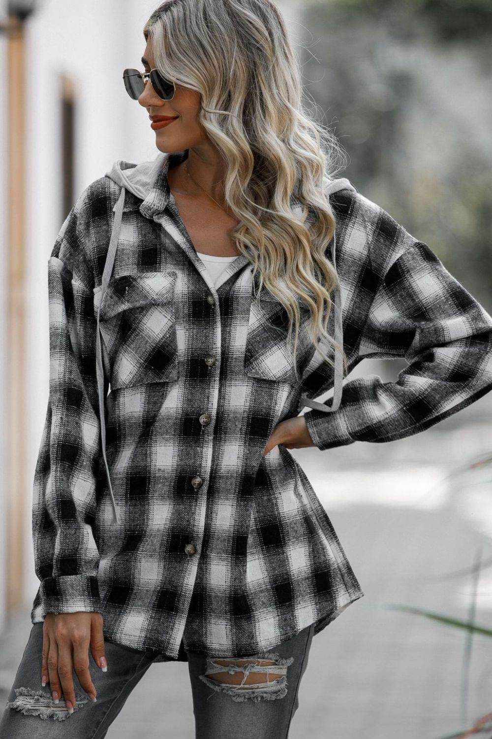 Double Take Drawstring Plaid Long Sleeve Hooded Shacket - Purcell's Clothing Company