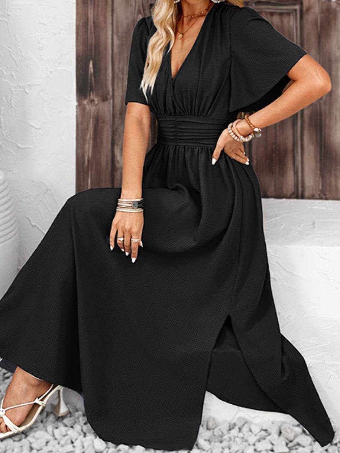 Side Slit Surplice Flutter Sleeve Midi Dress - Purcell's Clothing Company