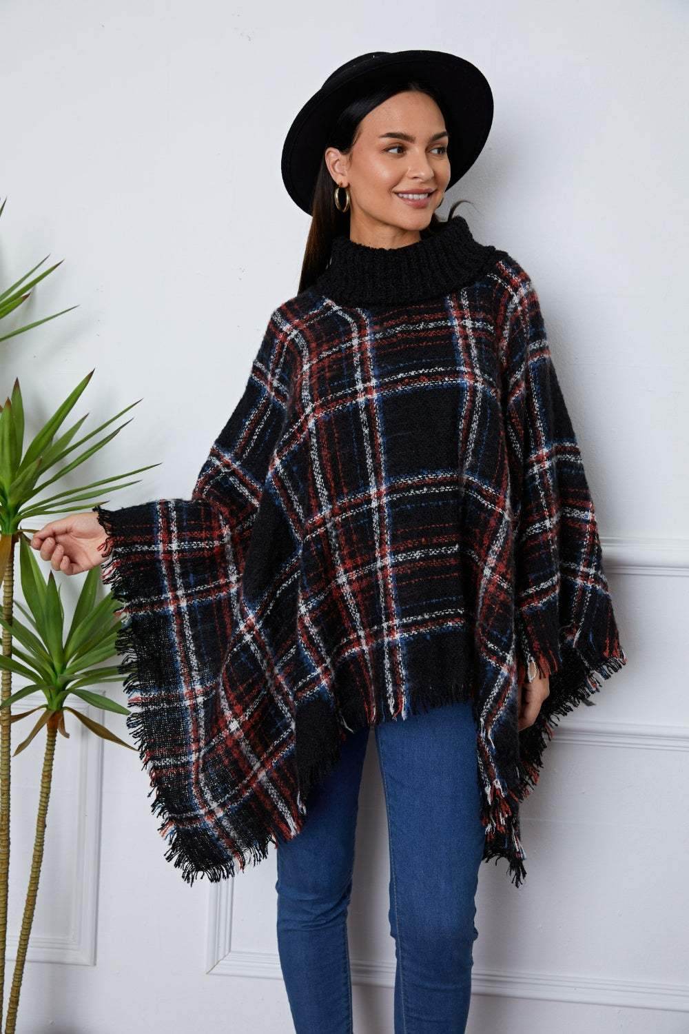 Shiny Turtleneck Plaid Raw Hem Sweater - Purcell's Clothing Company