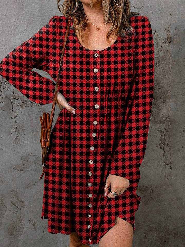 Double Take Full Size Plaid Round Neck Long Sleeve Magic Dress - Purcell's Clothing Company