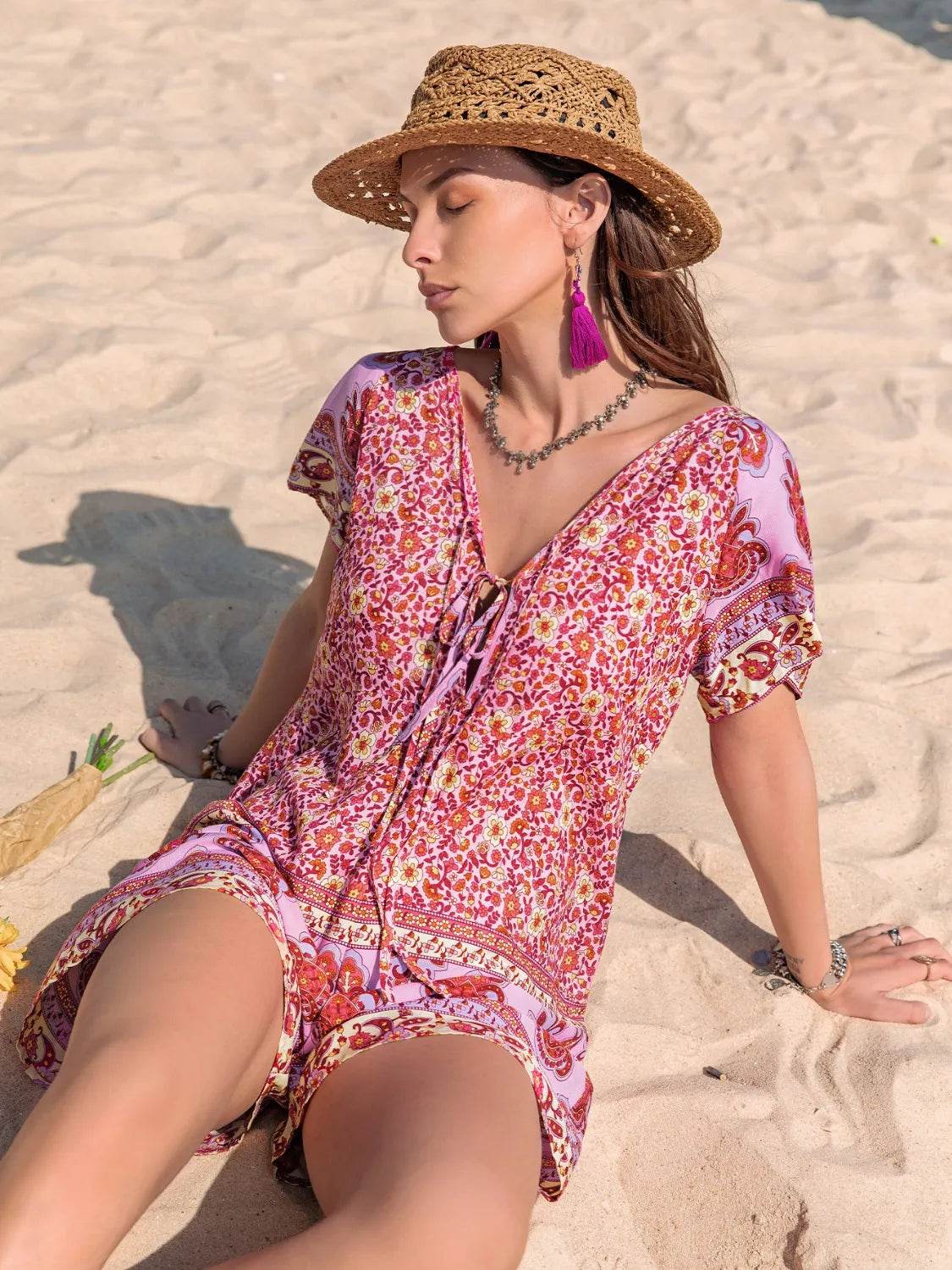 Printed V-Neck Short Sleeve Romper - Purcell's Clothing Company