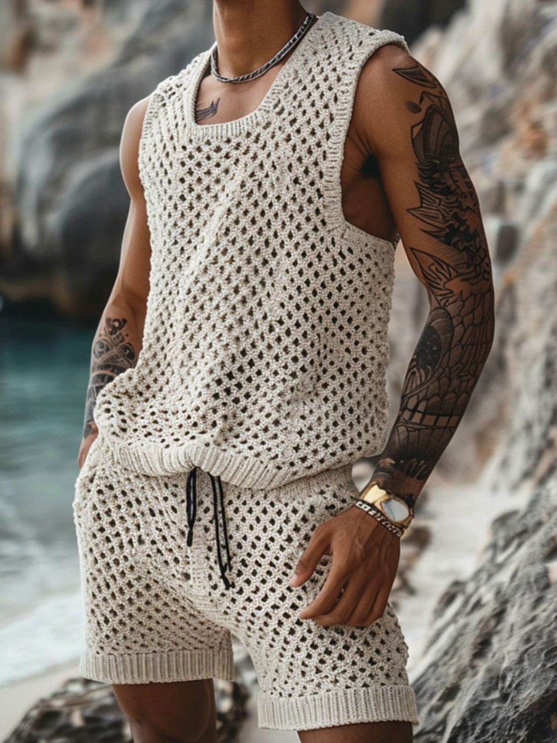 Hollow Out Round Neck Tank and Shorts Set - Purcell's Clothing Company