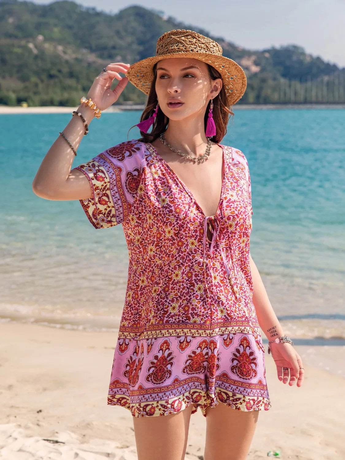 Printed V-Neck Short Sleeve Romper - Purcell's Clothing Company