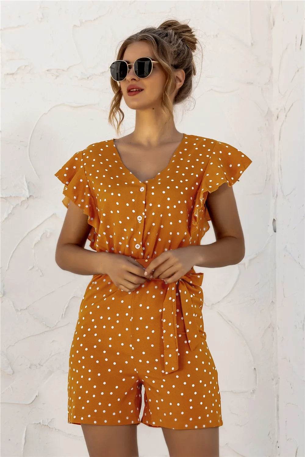Ruffled Polka Dot Half Button Romper - Purcell's Clothing Company