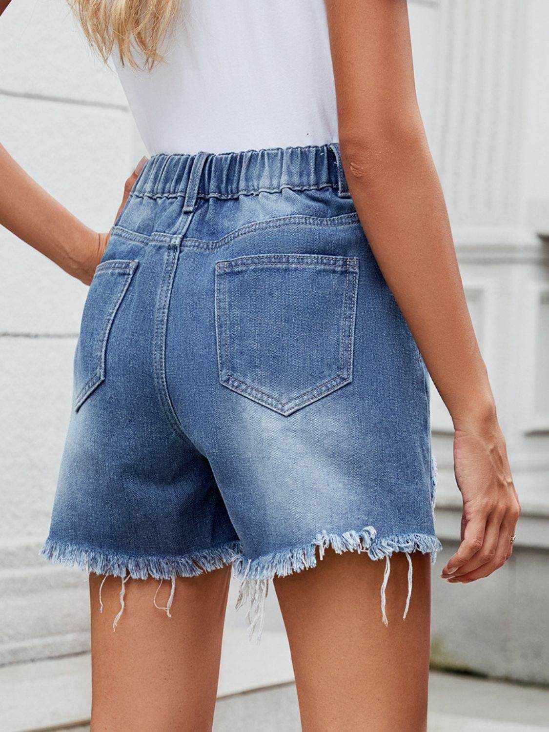 Distressed Raw Hem Asymmetrical Waist Denim Shorts - Purcell's Clothing Company