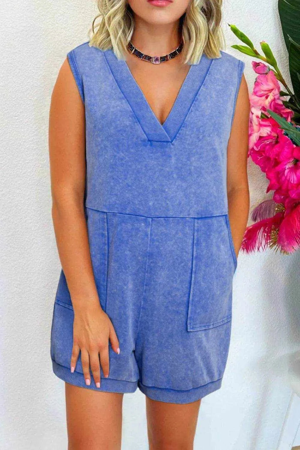 Mineral Wash Pocketed Sleeveless V Neck Loose Romper - Purcell's Clothing Company