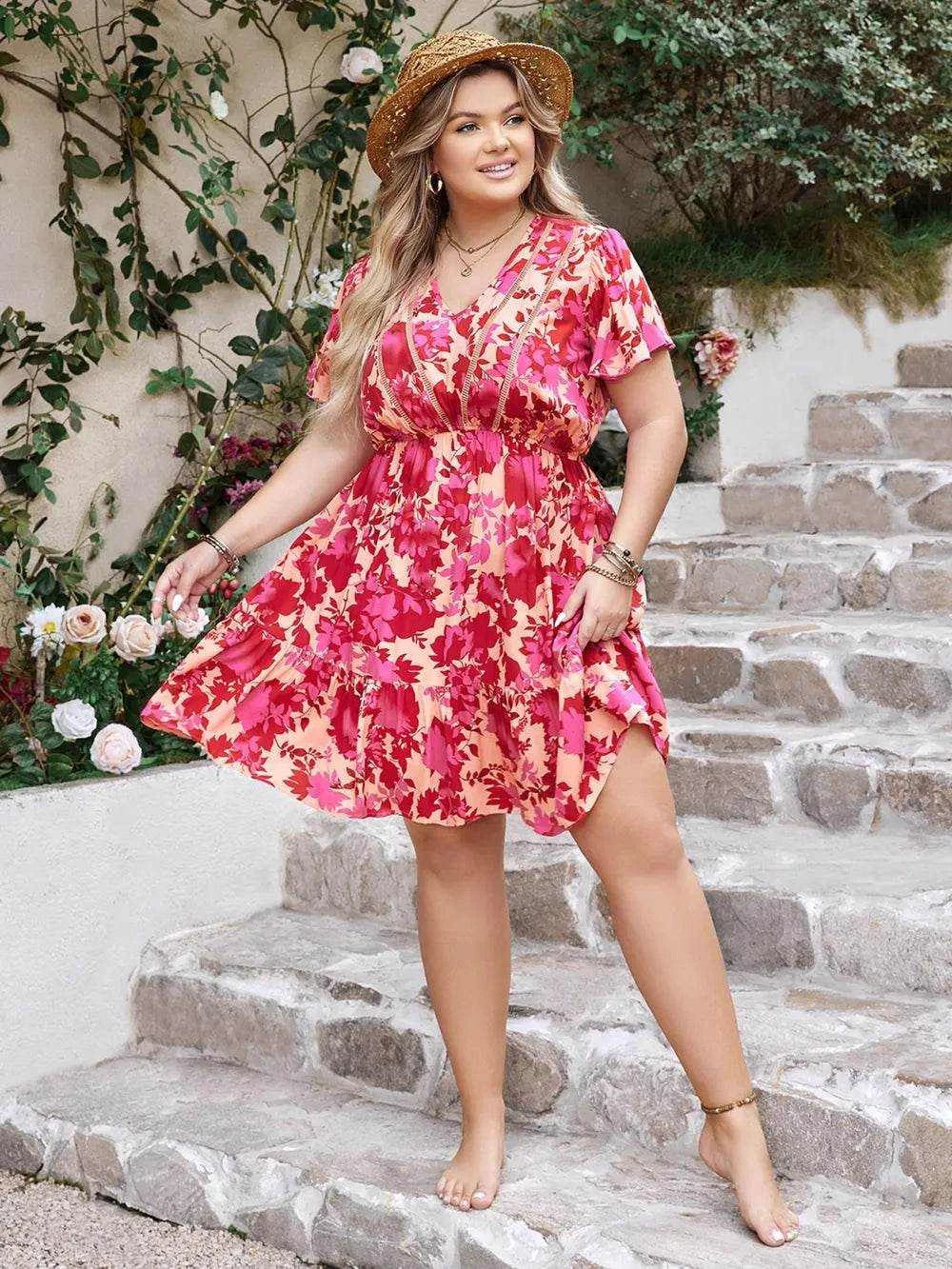 Plus Size Printed V-Neck Flutter Sleeve Dress - Purcell's Clothing Company