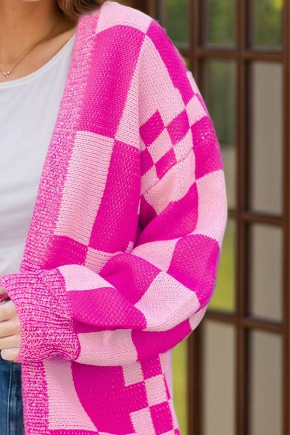 Checkered Open Front Long Sleeve Cardigan - Purcell's Clothing Company