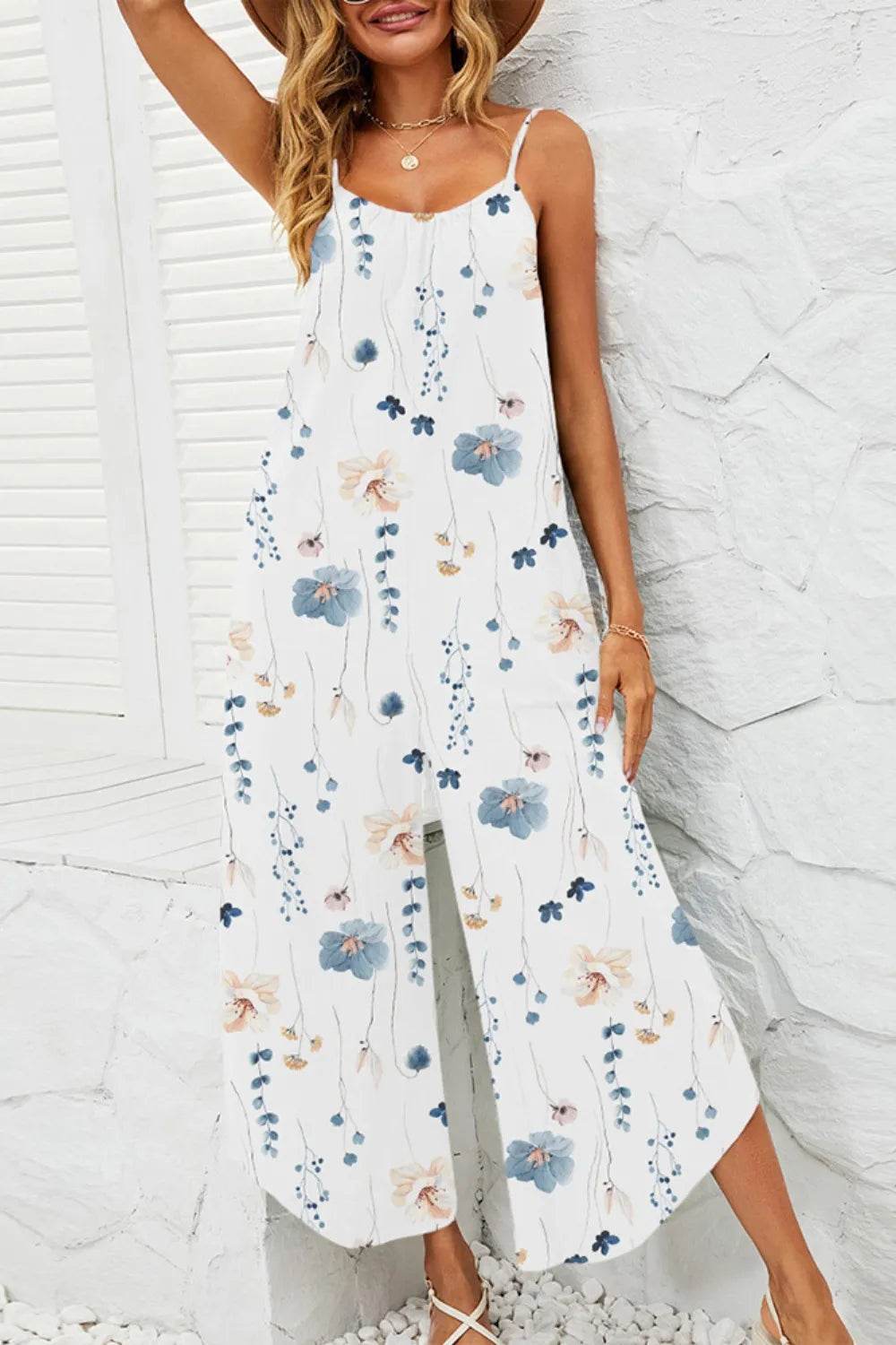 Shiny Printed Scoop Neck Wide Leg Jumpsuit - Purcell's Clothing Company