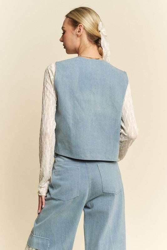 Davi & Dani Lace Patch Open Front Denim Vest - Purcell's Clothing Company