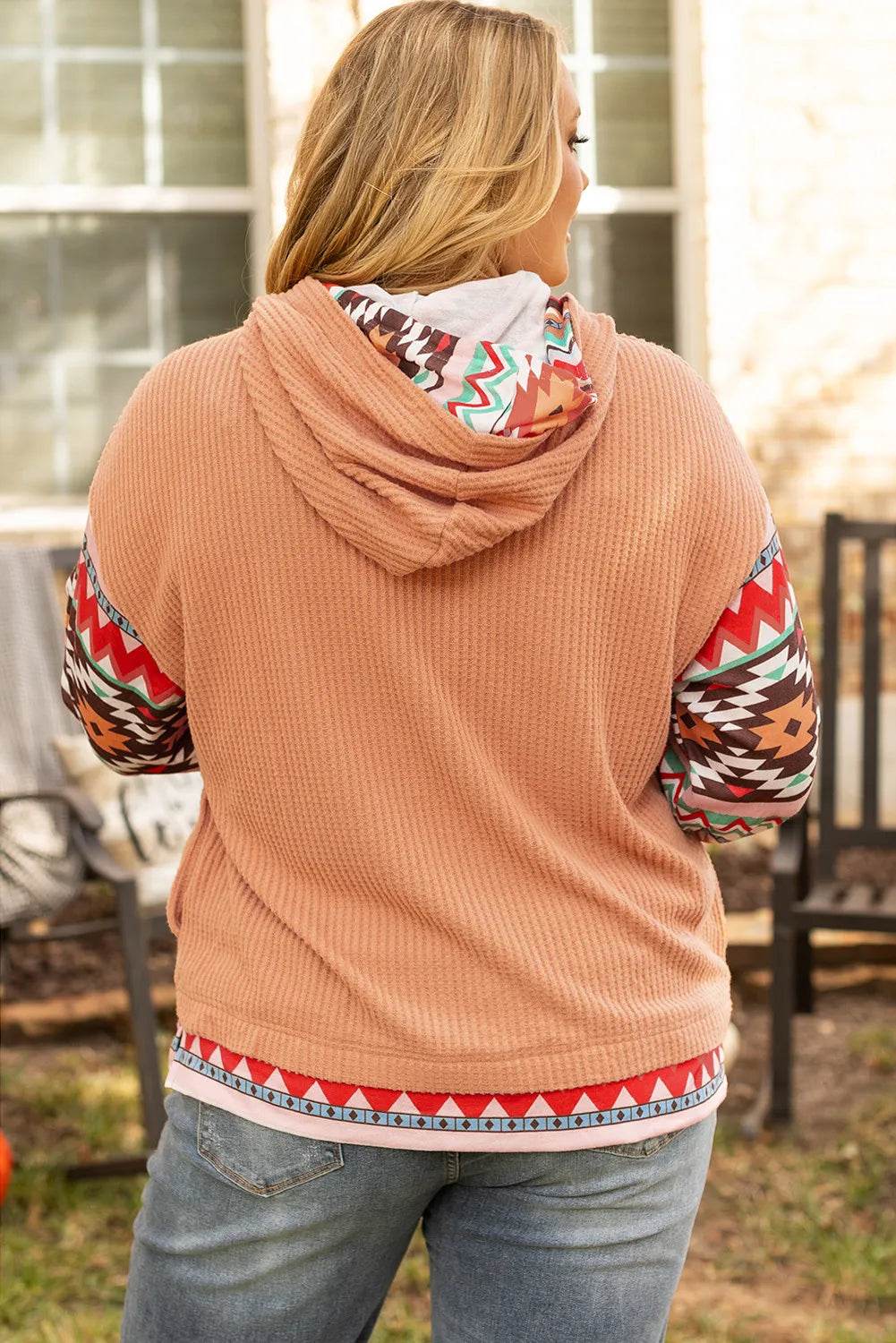 Plus Size Drawstring Geometric Long Sleeve Hoodie - Purcell's Clothing Company