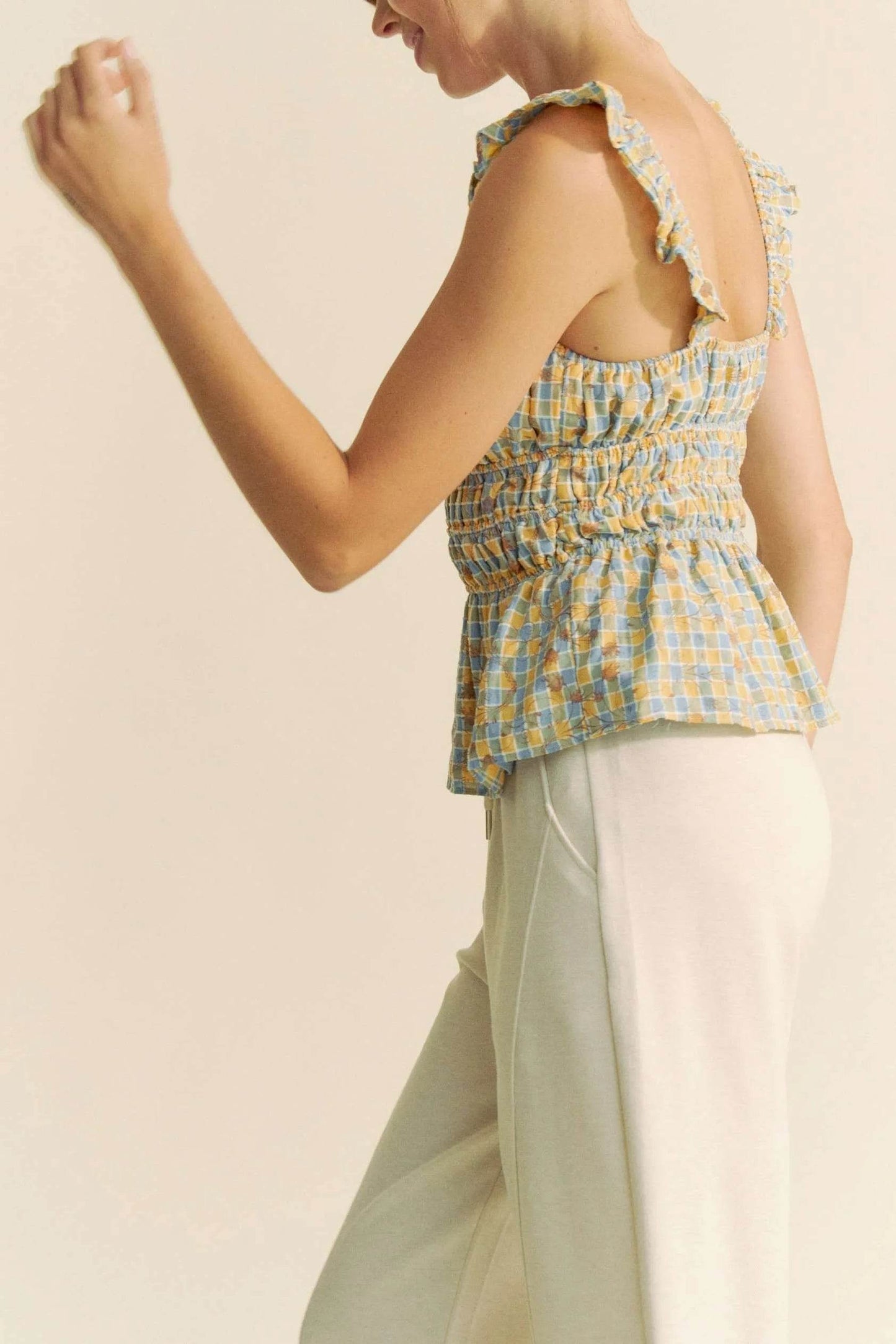 Davi & Dani Plaid Ruffled Strap Smocked Sleeveless Top - Purcell's Clothing Company