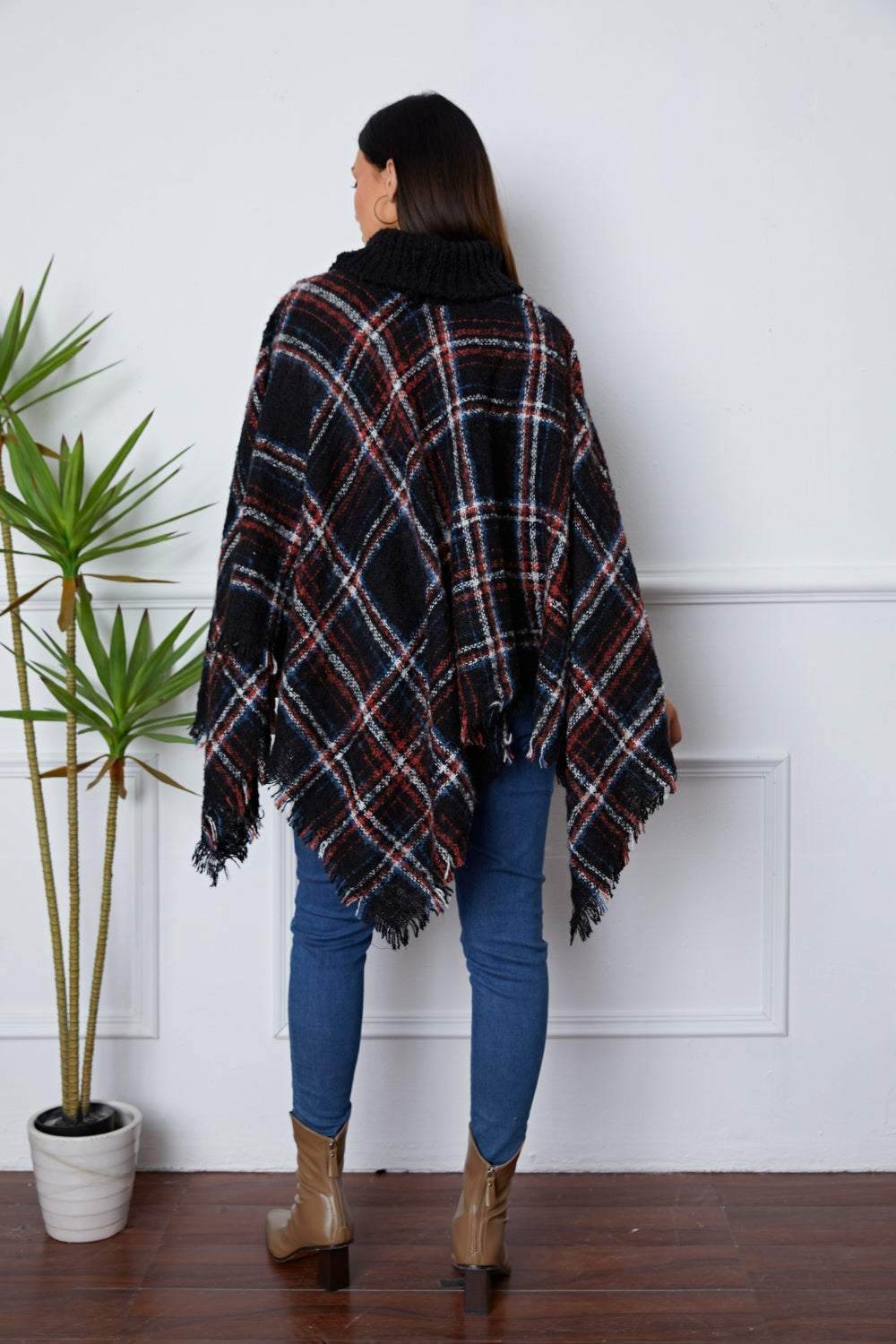 Shiny Turtleneck Plaid Raw Hem Sweater - Purcell's Clothing Company