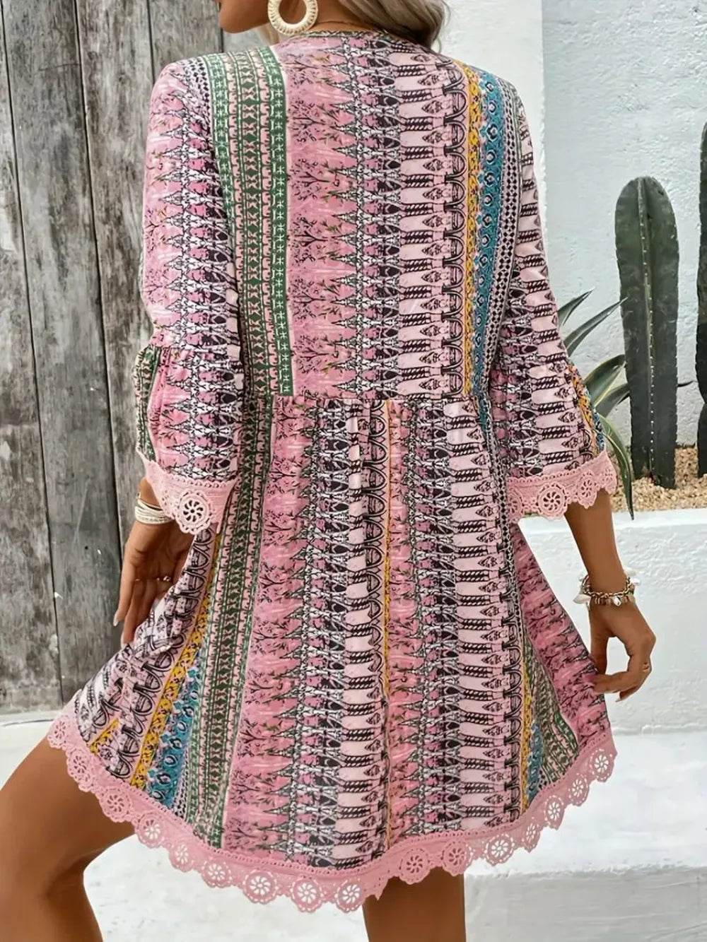 Lace Trim Printed V-Neck 3/4 Sleeve Dress - Purcell's Clothing Company