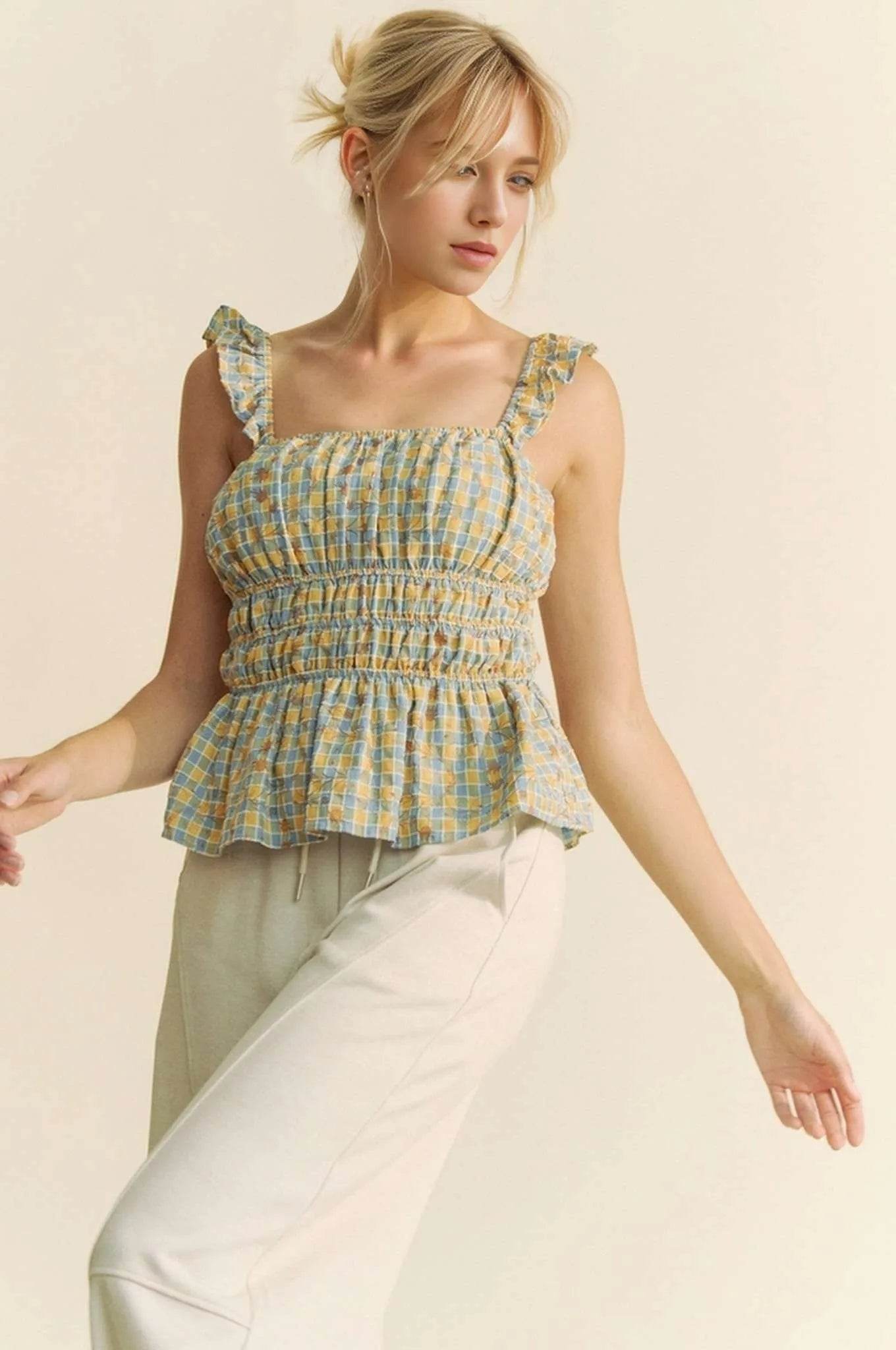 Davi & Dani Plaid Ruffled Strap Smocked Sleeveless Top - Purcell's Clothing Company