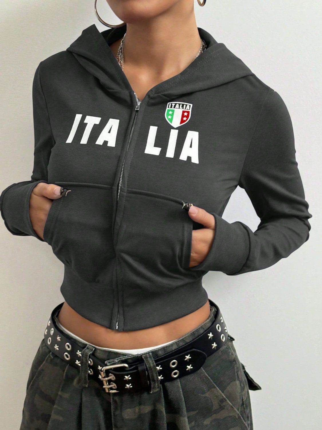 Letter Graphic Zip Up Long Sleeve Hoodie - Purcell's Clothing Company
