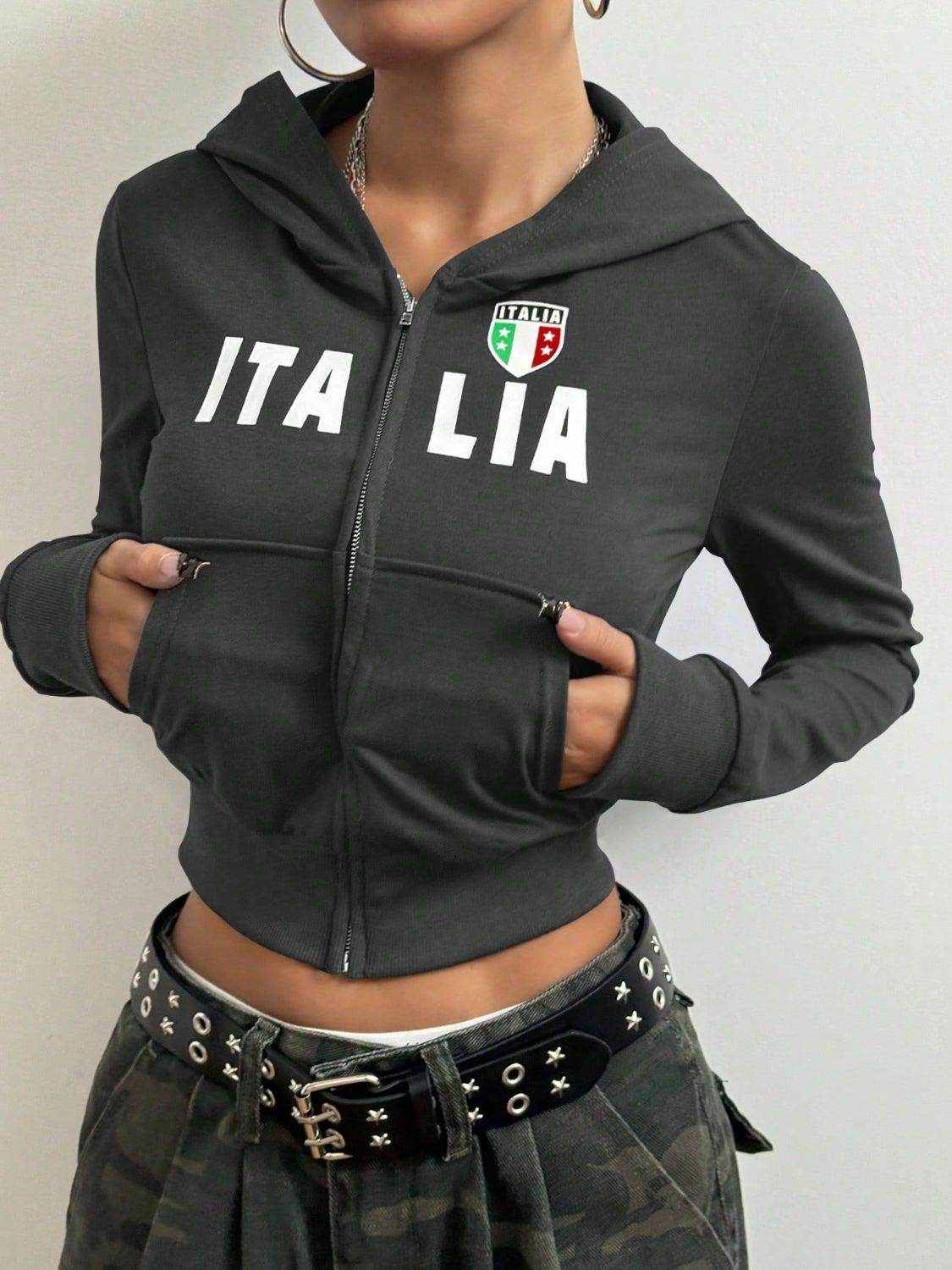 Letter Graphic Zip Up Long Sleeve Hoodie - Purcell's Clothing Company