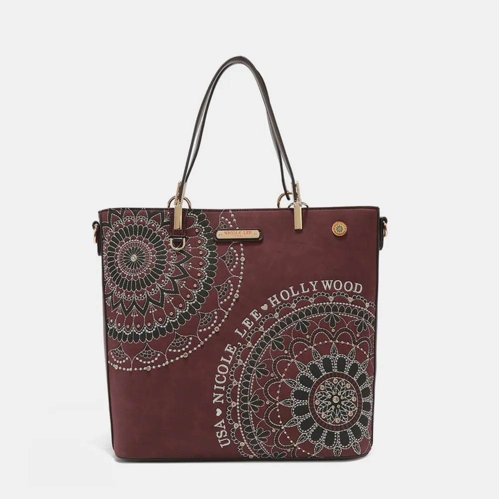 Nicole Lee USA Metallic Stitching Embroidery Inlaid Rhinestone Tote Bag - Purcell's Clothing Company