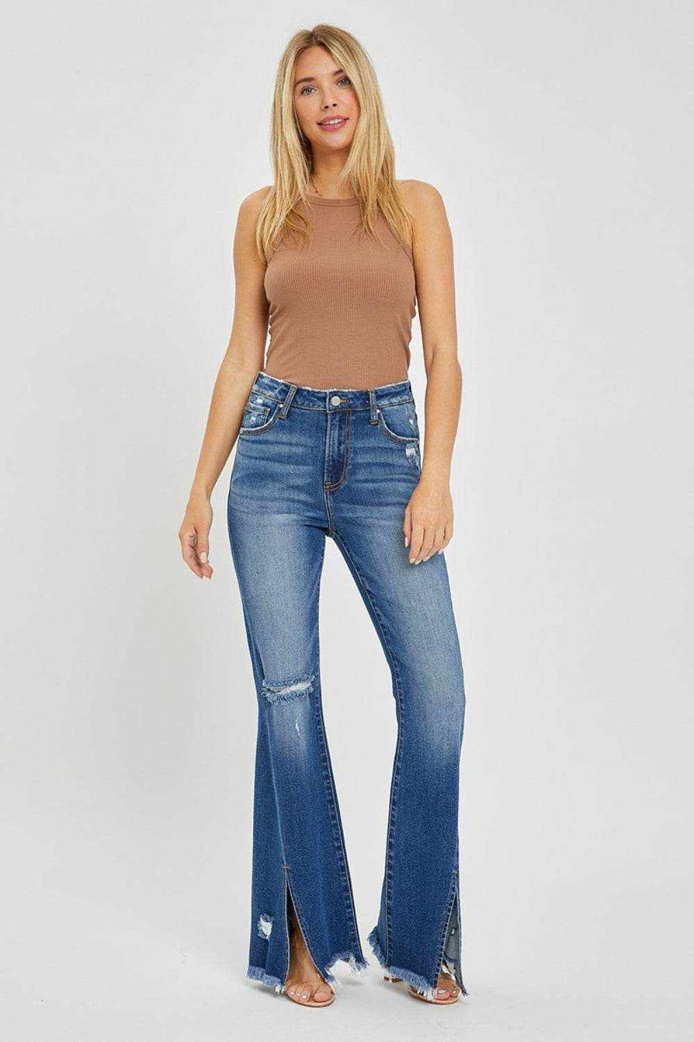 RISEN Full Size High Rise Front Slit Frayed Hem Flare Jeans - Purcell's Clothing Company