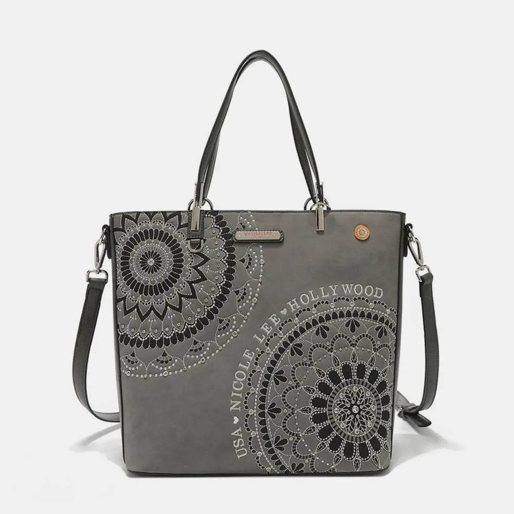 Nicole Lee USA Metallic Stitching Embroidery Inlaid Rhinestone Tote Bag - Purcell's Clothing Company