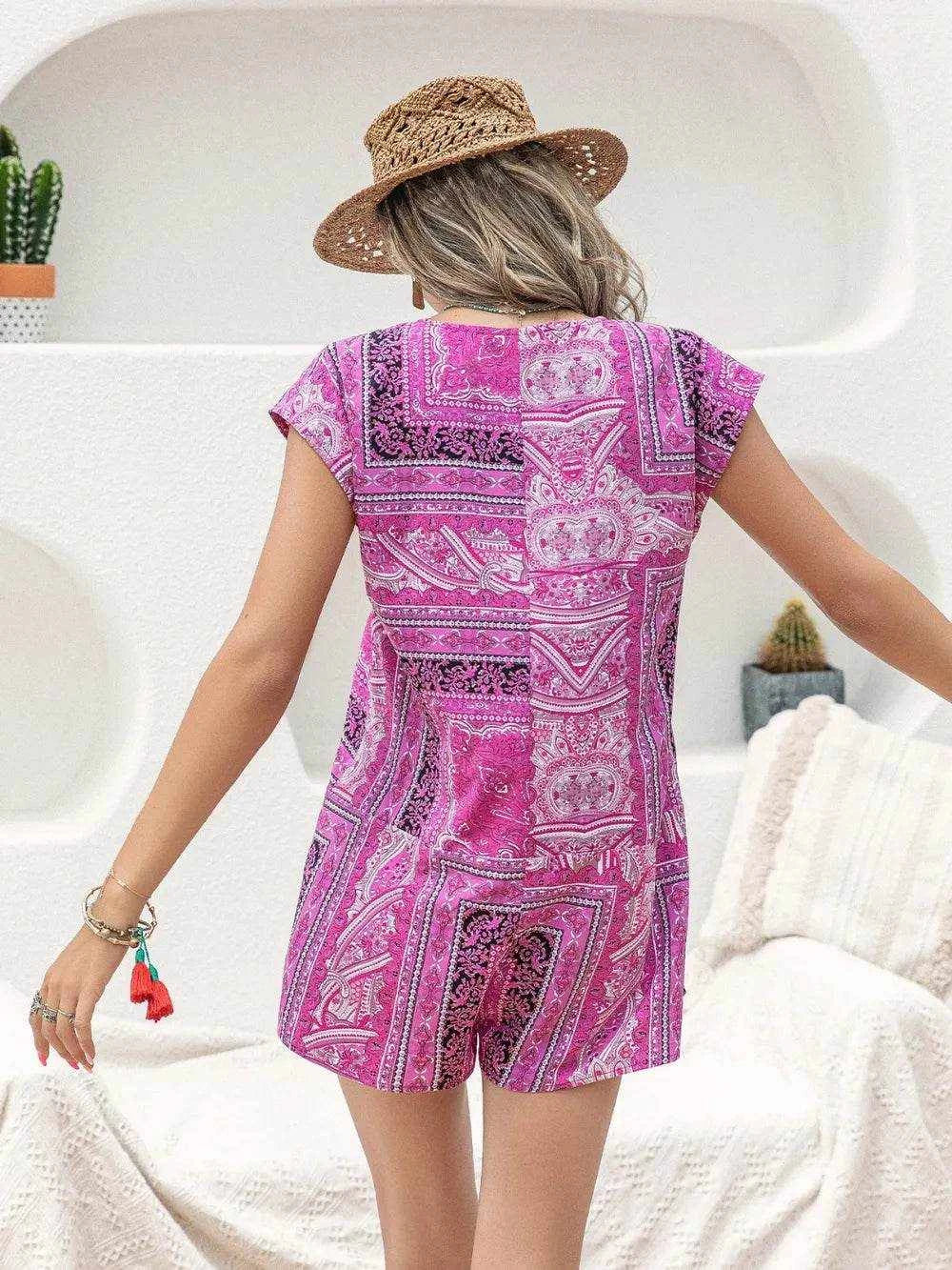 Printed V-Neck Cap Sleeve Romper - Purcell's Clothing Company