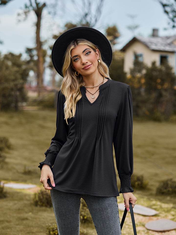Notched Neck Flounce Sleeve Blouse - Purcell's Clothing Company