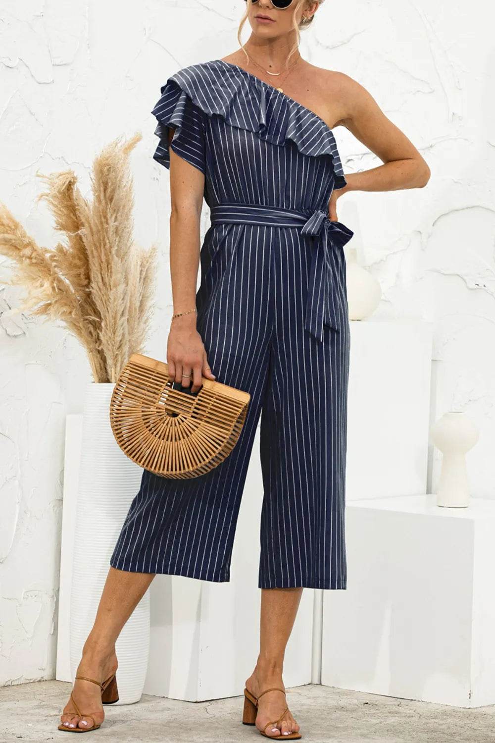 Ruffled Single Shoulder Tie Waist Jumpsuit - Purcell's Clothing Company