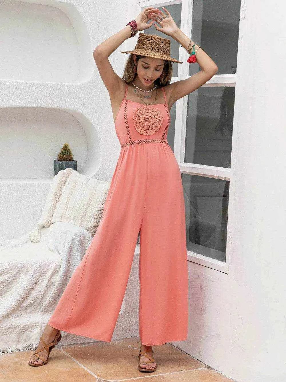 Openwork Spaghetti Strap Wide Leg Jumpsuit - Purcell's Clothing Company