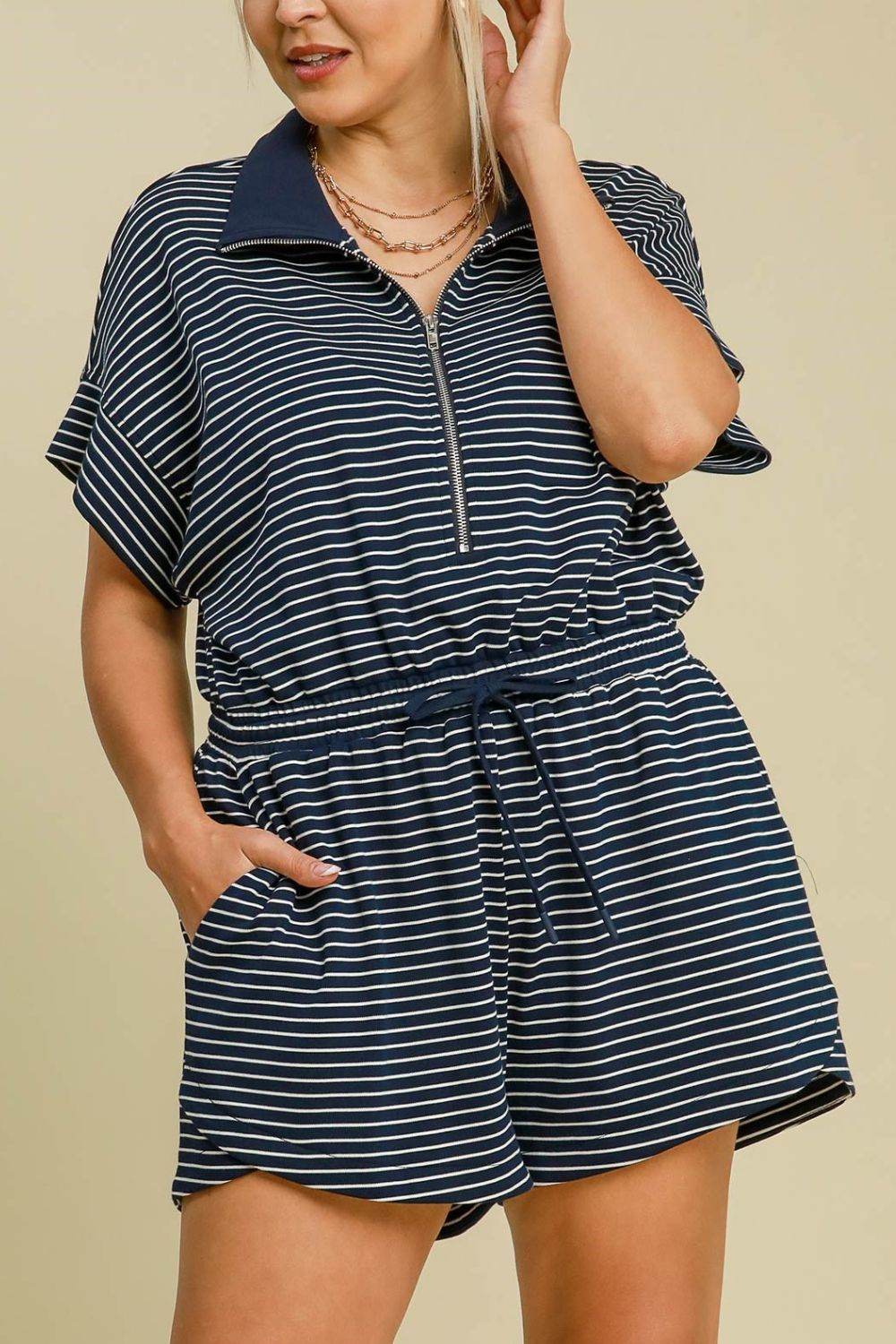 Umgee Full Size Half Zip Striped Romper Plus Size - Purcell's Clothing Company
