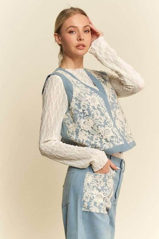 Davi & Dani Lace Patch Open Front Denim Vest - Purcell's Clothing Company