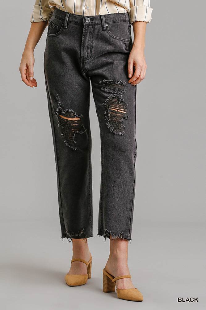 5 Pockets Non-stretch Straight Cut Distressed Denim Jeans With Raw Hem - Purcell's Clothing Company