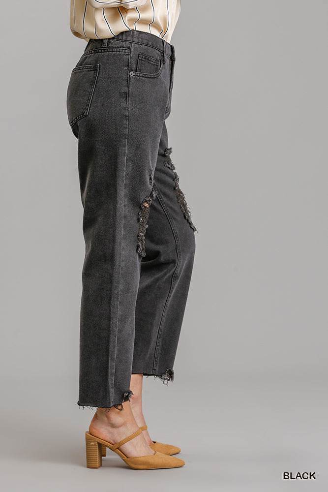 5 Pockets Non-stretch Straight Cut Distressed Denim Jeans With Raw Hem - Purcell's Clothing Company