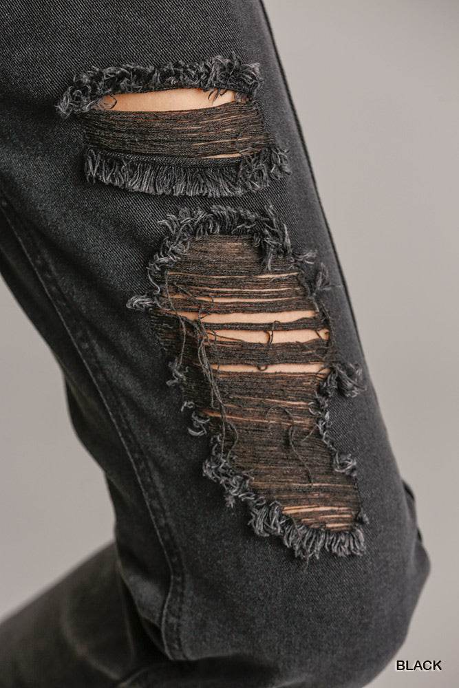 5 Pockets Non-stretch Straight Cut Distressed Denim Jeans With Raw Hem - Purcell's Clothing Company