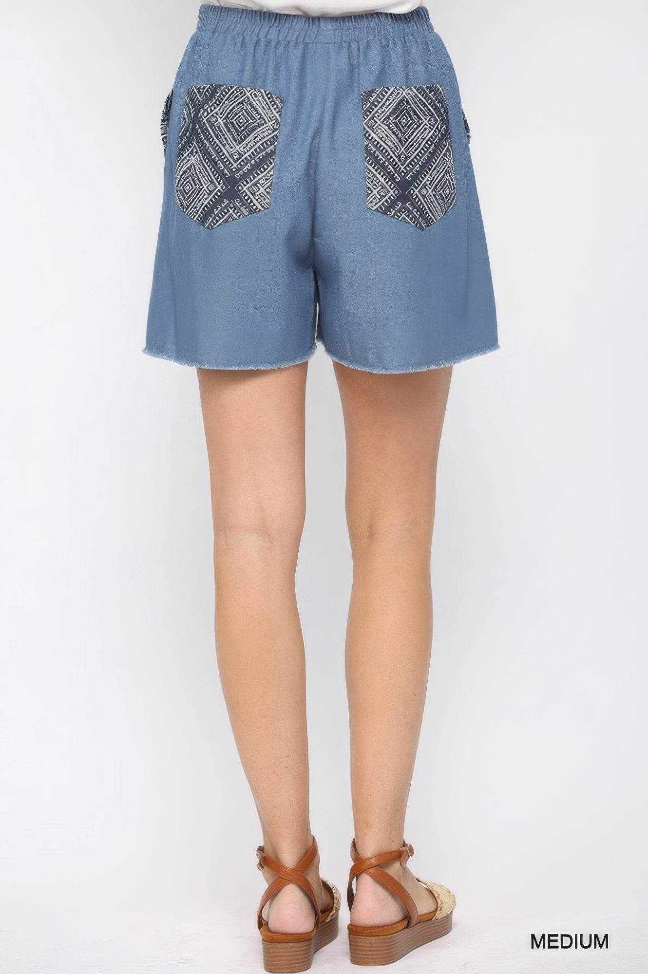 Denim And Print Pockets Elastic Waist Shorts With Raw Hem - Purcell's Clothing Company