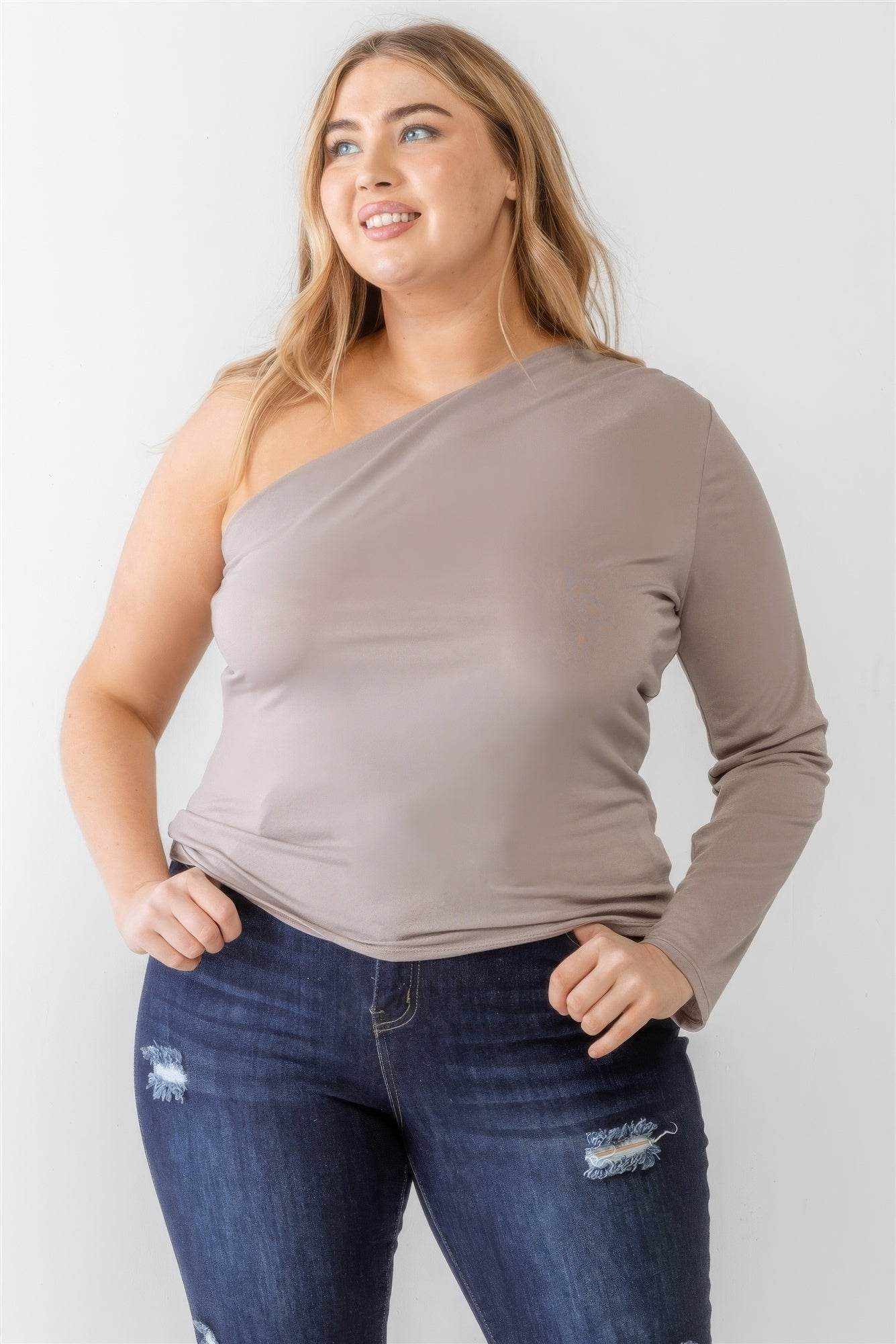 Plus Mocha Textured One Shoulder Top - Purcell's Clothing Company