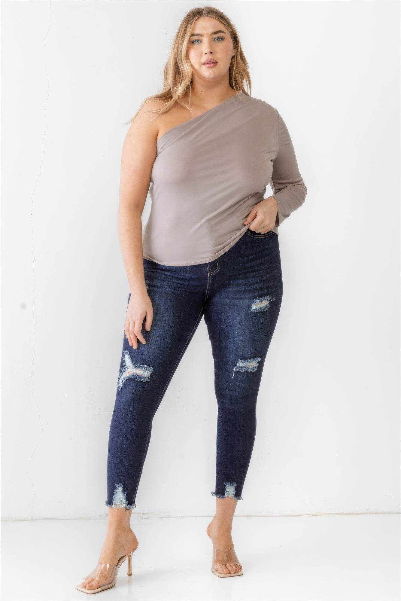 Plus Mocha Textured One Shoulder Top - Purcell's Clothing Company