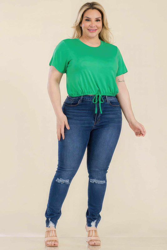 Plus Size Tie Front Drawstring Short Sleeve Crop Top - Purcell's Clothing Company