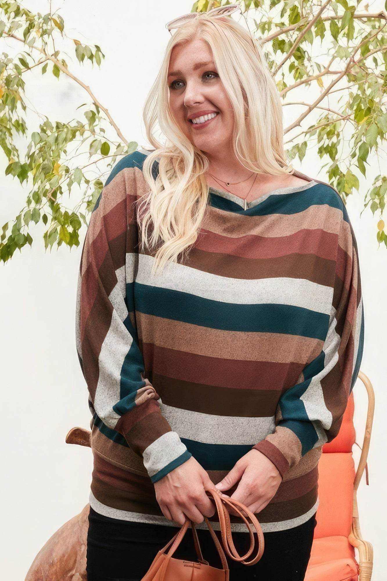 Boat Neck Long Bubble Sleeve Multi Stripe Print Knit Top - Purcell's Clothing Company
