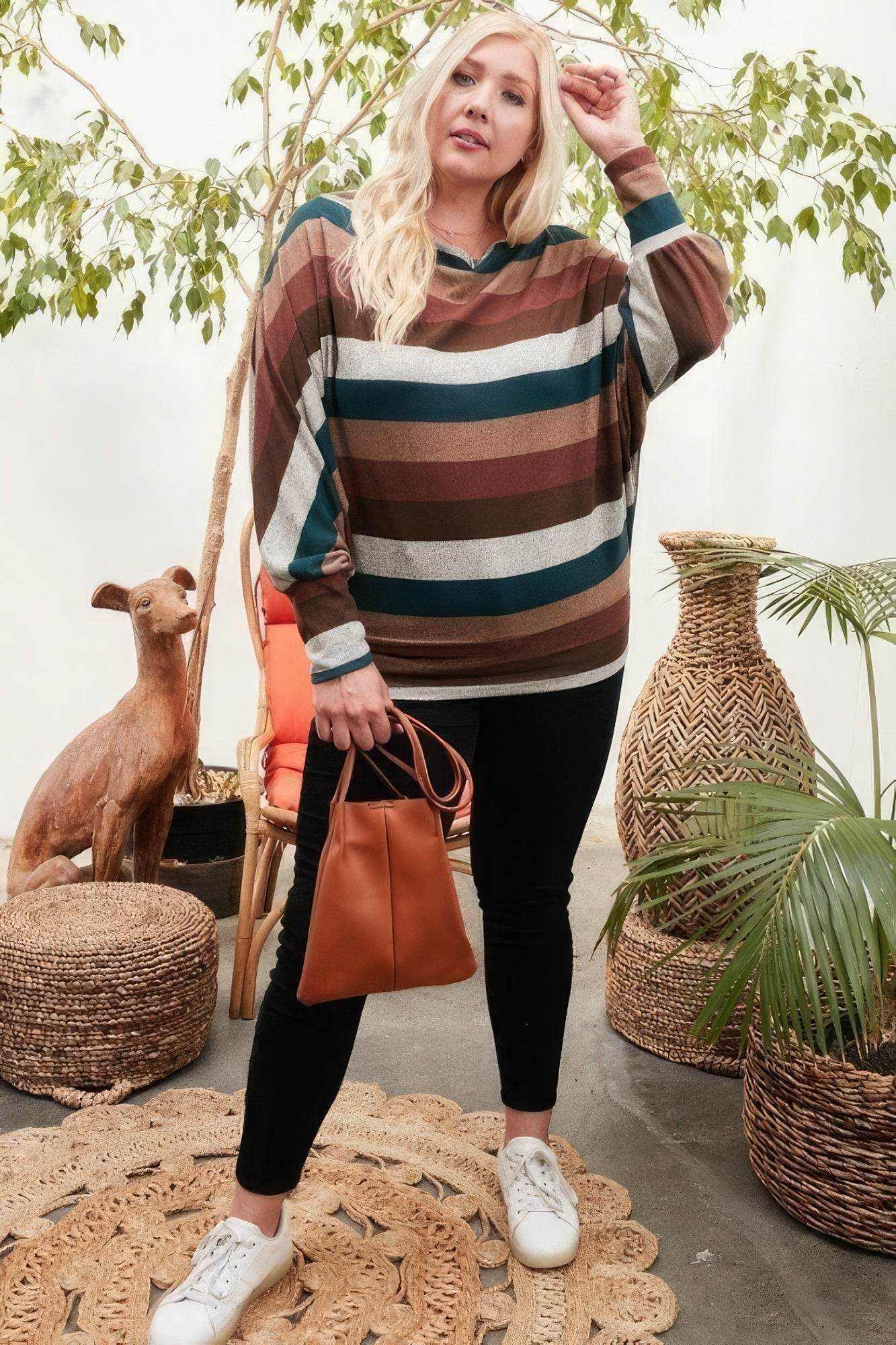 Boat Neck Long Bubble Sleeve Multi Stripe Print Knit Top - Purcell's Clothing Company